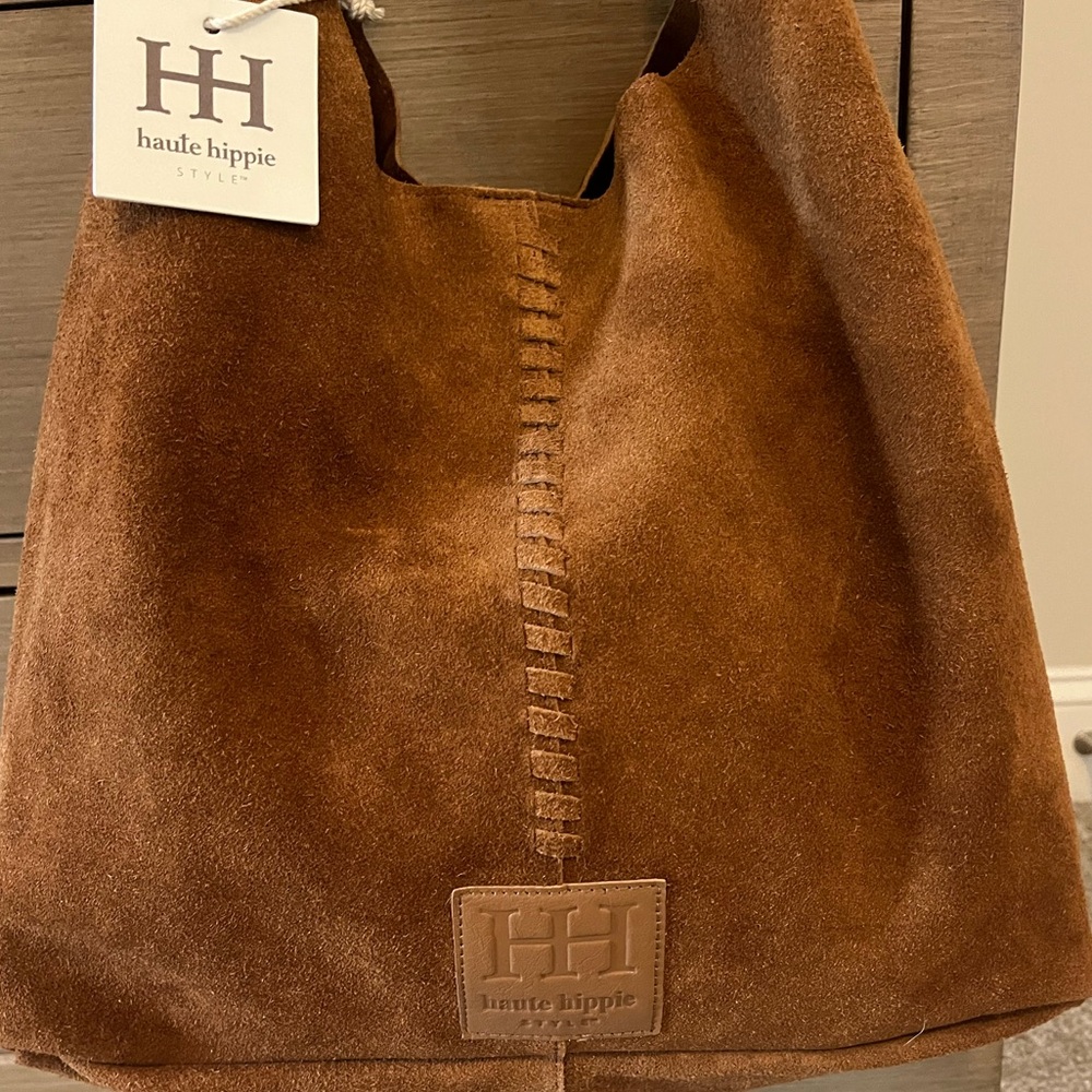 NWT New Haute Hippie Suede Bag Cognac Brown Shoulder Hobo Slouchy Brooklyn Bag - Picture 2 of 8